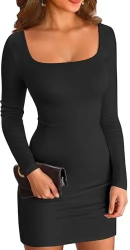 Produktbild: ELFIN Damen Bodycon Kleid Gerippt Langarm Minikleid Quadratischer Hals Kurzes Party Club Kleid Herbst Pullover Kleider Freizeitkleid (L, Schwarz)