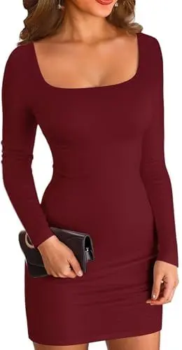 Produktbild: ELFIN Damen Bodycon Kleid Gerippt Langarm Minikleid Quadratischer Hals Kurzes Party Club Kleid Herbst Pullover Kleider Freizeitkleid (L, Weinrot)