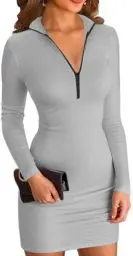 Produktbild: ELFIN Damen Bodycon Kleid Gerippt Langarm Minikleid Reissverschluss Stehkragen Kurz Sport Kleider Herbst Freizeitkleider (L, Grau)