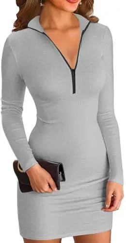 Produktbild: ELFIN Damen Bodycon Kleid Gerippt Langarm Minikleid Reissverschluss Stehkragen Kurz Sport Kleider Herbst Freizeitkleider (L, Grau)