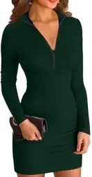 Produktbild: ELFIN Damen Bodycon Kleid Gerippt Langarm Minikleid Reissverschluss Stehkragen Kurz Sport Kleider Herbst Freizeitkleider (M, Dunkelgrün)