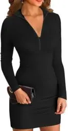 Produktbild: ELFIN Damen Bodycon Kleid Gerippt Langarm Minikleid Reissverschluss Stehkragen Kurz Sport Kleider Herbst Freizeitkleider (M, Schwarz)
