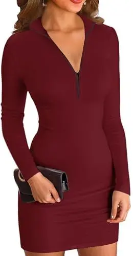 Produktbild: ELFIN Damen Bodycon Kleid Gerippt Langarm Minikleid Reissverschluss Stehkragen Kurz Sport Kleider Herbst Freizeitkleider (S, Weinrot)