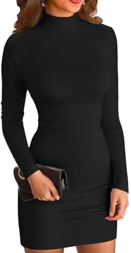 Produktbild: ELFIN Damen Bodycon Kleid Rollkragen Langarm Minikleid Geripptes Enges Basic Kleid Einfarbig Herbst Pullover Kleider Freizeitkleid (L, Schwarz)