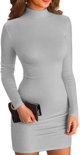 Produktbild: ELFIN Damen Bodycon Kleid Rollkragen Langarm Minikleid Geripptes Enges Basic Kleid Einfarbig Herbst Pullover Kleider Freizeitkleid (S, Grau)