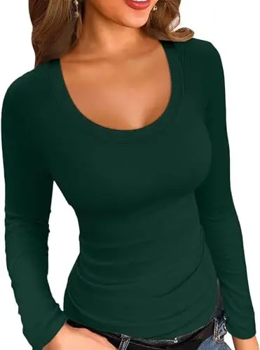 Produktbild: ELFIN Damen Langarmshirt Gerippt Slim Fit Basic T-Shirt Langarm Oberteile Elegant Rundhals Stretch Pullover Casual Bluse Tops Ribbed Tee Shirts (XL, Dunkelgrün)