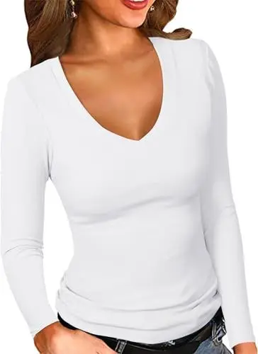 Produktbild: ELFIN Damen Langarmshirt Gerippt Stretch Pullover Sexy V Ausschnitt Langarm Oberteile Slim Fit Basic T-Shirt Tops (M, Weiß)
