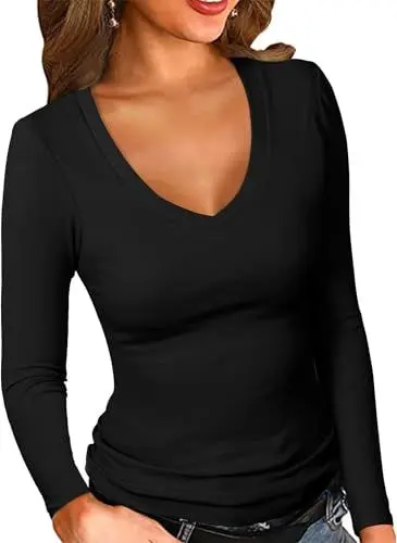 Produktbild: ELFIN Damen Langarmshirt Gerippt Stretch Pullover Sexy V Ausschnitt Langarm Oberteile Slim Fit Basic T-Shirt Tops (M, Schwarz)