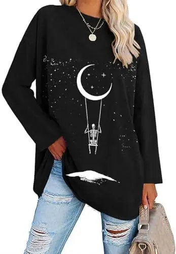 Produktbild: ELFIN Damen Langarmshirt Rundhals Basic T-Shirt Langarm Oberteile Oversize Longshirt Tops Casual Bluse Lokcere Tee Shirts (L, Schwarz 07)