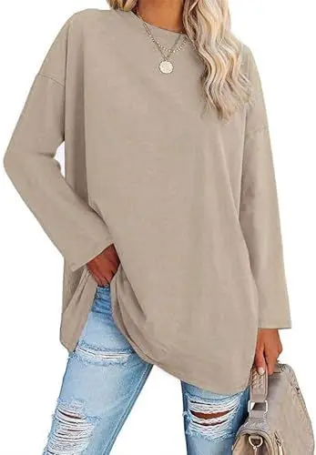 Produktbild: ELFIN Damen Langarmshirt Rundhals Basic T-Shirt Langarm Oberteile Oversize Longshirt Tops Casual Bluse Lokcere Tee Shirts (L, Khaki)