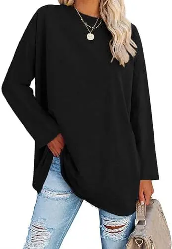 Produktbild: ELFIN Damen Langarmshirt Rundhals Basic T-Shirt Langarm Oberteile Oversize Longshirt Tops Casual Bluse Lokcere Tee Shirts (XL, Schwarz)