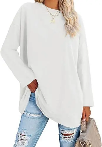 Produktbild: ELFIN Damen Langarmshirt Rundhals Basic T-Shirt Langarm Oberteile Oversize Longshirt Tops Casual Bluse Lokcere Tee Shirts (XL, Weiß)