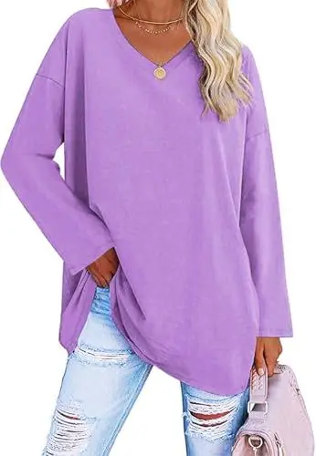Produktbild: ELFIN Damen Langarmshirt V Ausschnitt Langarm Oberteile Basic T-Shirts Oversize Longshirt Tops Casual Bluse Tee Shirt (L, Rosa)