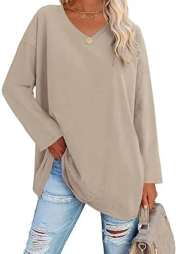 Produktbild: ELFIN Damen Langarmshirt V Ausschnitt Langarm Oberteile Basic T-Shirts Oversize Longshirt Tops Casual Bluse Tee Shirt (S, Khaki)