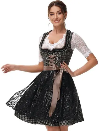 Produktbild: ELFIN Damen Midi Dirndl Elegante Trachtenkleid Dirndlkleid Trachtenmode Kleid für Oktoberfest inkl. Spitzen Dirndlschürze, Schwarz, 42