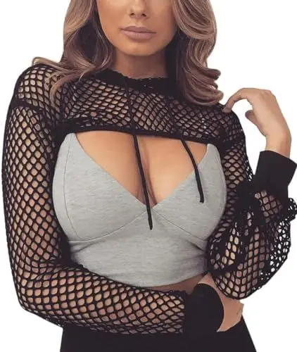 Produktbild: ELFIN Damen Netzshirt Netztop Netzhemd Crop Top 80er Jahre Outfits Karneval Fasching Motto Party Tops Netzoberteil Sommertops, Schwarz-Kapuze, XXL