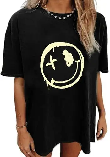 Produktbild: ELFIN Damen Oversize T Shirt Rundhals Kurzarm Sommer Shirts mit Druck Casual Oberteile Lose Top Unisex Basic Tee, Schwarz-12, M