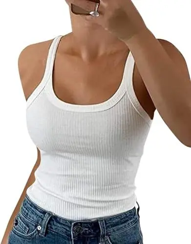 Produktbild: ELFIN Damen Spaghetti Top Gerippt Sommer Sexy Tank Top Cami Oberteile Ärmellos Slim Fit Basic Shirt Ribbed Träger Tops Einfarbig (L, Weiß)