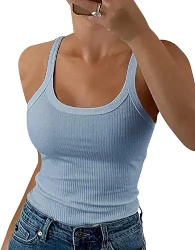 Produktbild: ELFIN Damen Spaghetti Top Gerippt Sommer Sexy Tank Top Cami Oberteile Ärmellos Slim Fit Basic Shirt Ribbed Träger Tops Einfarbig (M, Blau)