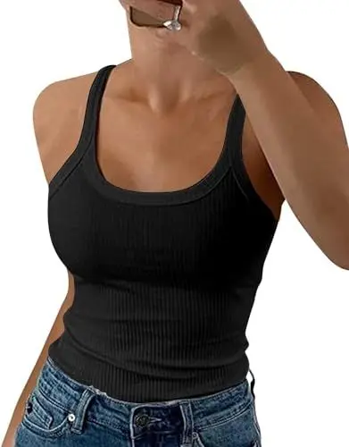 Produktbild: ELFIN Damen Spaghetti Top Gerippt Sommer Sexy Tank Top Cami Oberteile Ärmellos Slim Fit Basic Shirt Ribbed Träger Tops Einfarbig (XL, Schwarz)