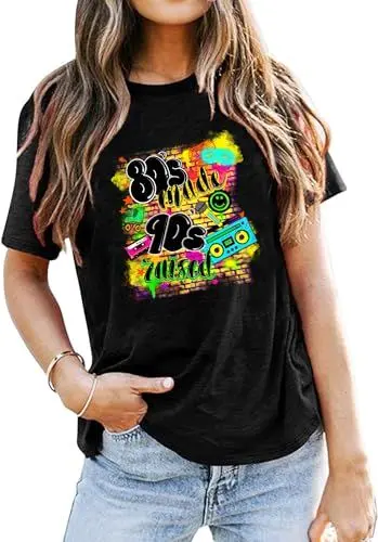 Produktbild: ELFIN Damen T-Shirt 80er 90er Jahre Drucken-Shirt Rundhals Kurzarm Sommer Oberteile Casual Bluse Tunika Tops, Schwarz 002, L