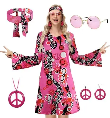 Produktbild: ELFIN Hippie Kleidung Damen Hippie Kleider, Rundhals Hippie Party Kleid, 60er 70er Hippie Kostüm, mit Brille, Haarband, Halskette, Ohrringen, Disco-Outfit Damen Karneval Halloween, Pink, M