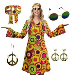 Produktbild: ELFIN Hippie Kleidung Damen V Ausschnitt Hippie Party Kleid, 60er 70er Hippie Kostüm, mit Brille, Haarband, Halskette, Ohrringen, Disco-Outfit Damen Karneval Halloween, Bunt, M