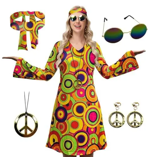 Produktbild: ELFIN Hippie Kleidung Damen V Ausschnitt Hippie Party Kleid, 60er 70er Hippie Kostüm, mit Brille, Haarband, Halskette, Ohrringen, Disco-Outfit Damen Karneval Halloween, Bunt, M
