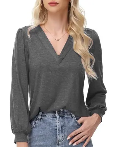 Produktbild: ELFIN Langarmshirt Damen Bluse V Ausschnitt Laternenärmel Langarm T-Shirts Lässiges Oberteile Einfarbig Casual Tunika Tops (L, Dunkelgrau)