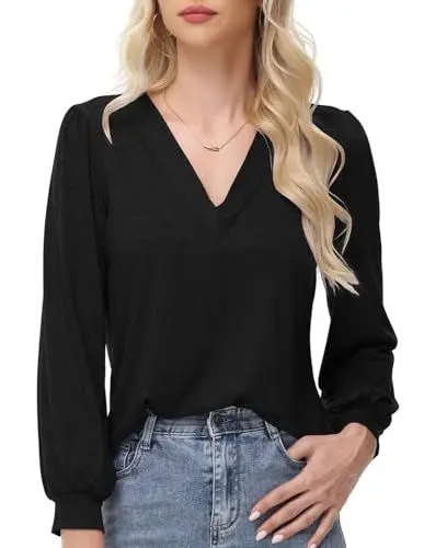 Produktbild: ELFIN Langarmshirt Damen Bluse V Ausschnitt Laternenärmel Langarm T-Shirts Lässiges Oberteile Einfarbig Casual Tunika Tops (M, Schwarz)