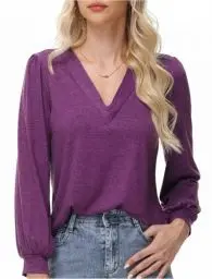 Produktbild: ELFIN Langarmshirt Damen Bluse V Ausschnitt Laternenärmel Langarm T-Shirts Lässiges Oberteile Einfarbig Casual Tunika Tops (M, Lila)