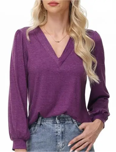 Produktbild: ELFIN Langarmshirt Damen Bluse V Ausschnitt Laternenärmel Langarm T-Shirts Lässiges Oberteile Einfarbig Casual Tunika Tops (M, Lila)