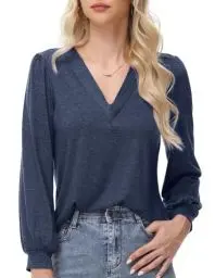 Produktbild: ELFIN Langarmshirt Damen Bluse V Ausschnitt Laternenärmel Langarm T-Shirts Lässiges Oberteile Einfarbig Casual Tunika Tops (XL, Dunkelblau)