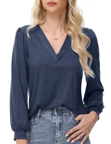Produktbild: ELFIN Langarmshirt Damen Bluse V Ausschnitt Laternenärmel Langarm T-Shirts Lässiges Oberteile Einfarbig Casual Tunika Tops (XL, Dunkelblau)
