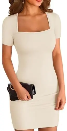 Produktbild: ELFIN Sommerkleid Damen Bodycon Kleid Gerippt Kurz Minikleid Quadratischer Ausschnitt Kurzarm Party Club Kleid Sommer Freizeitkleid Eng (L, Beige)