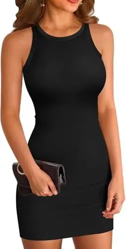 Produktbild: ELFIN Sommerkleid Damen Bodycon Kleid Gerippt Kurz Minikleid Rundhals Tank Kleid Slim Party Club Kleid Sommer Freizeitkleid Eng (S, Schwarz)