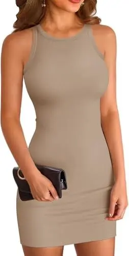 Produktbild: ELFIN Sommerkleid Damen Bodycon Kleid Gerippt Kurz Minikleid Rundhals Tank Kleid Slim Party Club Kleid Sommer Freizeitkleid Eng (XL, Khaki)