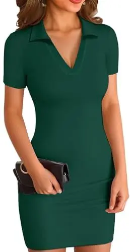 Produktbild: ELFIN Sommerkleid Damen Bodycon Kleid Gerippt Kurz Minikleid V Ausschnitt Kurzarm Sommer Freizeitkleid Eng Sport Kleider Polokragen (XL, Dunkelgrün)