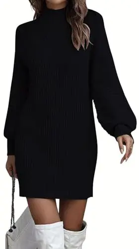 Produktbild: ELFIN Strickkleid Damen Rollkragen Langer Pullover Puff Ärmel Winter Pulloverkleid Freizeitkleid Langarm Strick Kleider Minikleid (S, Schwarz)