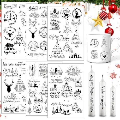 Produktbild: Elfinfi Rub on Sticker, 6 Stück Kerzentattoos Weihnachten, Rub on Sticker Weihnachten, DIY Deko Rub on Sticker Keraflott Geeignet für Weihnachtliche Innendekoration Kerzen, Möbel, Fenster, Gläser