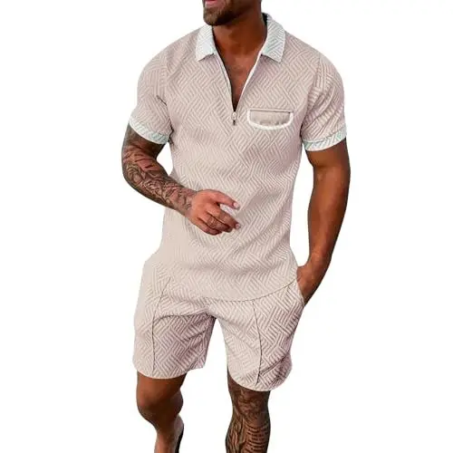 Produktbild: Elfliq Herren Hemden Kurzarm Bügelfrei Gym Kleidung Outfit Clothes Men Klamotten Hawaii Kette Jogging Anzug Set Sportkleidung Mann Jogginghose Beige XL