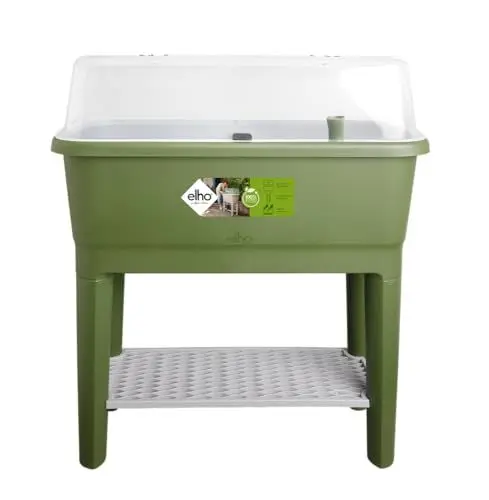 Produktbild: elho Noa Anzucht Tisch 80 - Hochbeete mit Abdeckung und Bewässerungssystem - Kräuterbeet aus 100% recyceltem Plastik - Ø 78.5 x H 34.2 cm - Grün/Moosgrün