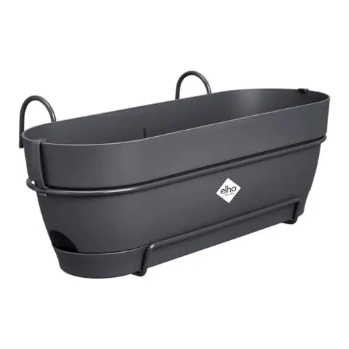 Produktbild: elho Vibia Campana Balkonkasten Allin1 50 mit Wasserreservoir - Blumentopf Balkongeländer - 100% recyceltem Plastik - Ø 50.4 x H 17.7 cm - Schwarz/Anthrazit