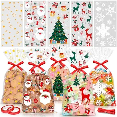 Produktbild: Elidepe Plätzchentüten, 100 Stück Kekstüten Weihnachten, Weihnachtstüten zum Befüllen, Cellophantüten Tüten zum Befüllen, Geschenktüten Weihnachten mit Schleife für Kekse, Schokolade, Süßigkeiten