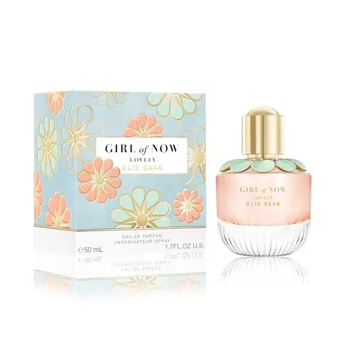 Produktbild: Elie Saab Girl of Now Lovely 50 ml – Eau de Parfum für Frauen – Blumiger Gourmand-Duft – Prickelnde Noten von Mandarine, Birne, Mandelblüte und Tonkabohne – Transparenter Glasflakon