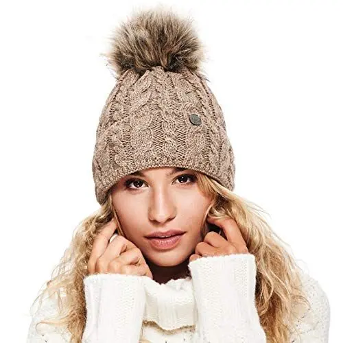 Produktbild: ELIMELI® Damen Winter Mütze warme Strickmütze Wintermütze mit Bommel Slouch Strick Beanie Damen für Winter Bommelmütze Hergestellt in EU Farbenauswahl 15568 (Cappuccino)