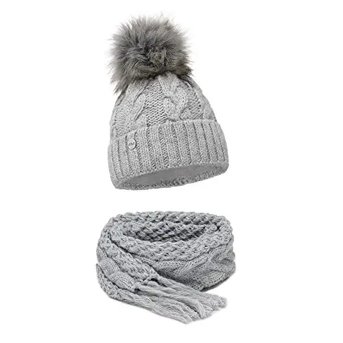 Produktbild: ELIMELI® Winter Mütze Schal Set Damenmütze mit Fell-Bommel Fleece Innenfutter - 2-teilig Damen Winterset - Wintermütze und passender Schal Damenschal- Strickmütze gefüttert (Grau - Mütze mit Schal)