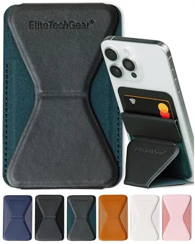 Produktbild: Elite Tech Gear Handy Kartenhalter - Kartenetui mit Selbstklebendem Aufkleber, kompatibel mit Apple iPhone, Samsung, Huawei - Kartenfach für die Rückseite des Handys, veganes Leder, Dunkelgrün