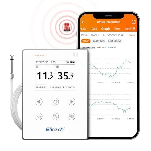 Produktbild: Elitech Temperatur-Datenlogger, drahtlose Fernüberwachung, Externer Temperatur- und Feuchtigkeitsfühler, Warnungen und historische Daten, Cloud-Management, Push-Benachrichtigung, RCW-800W THE