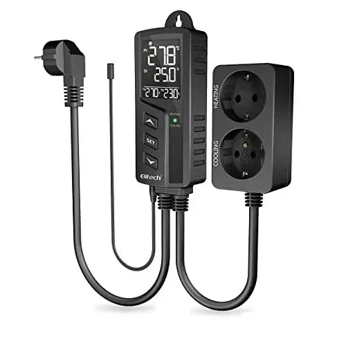 Produktbild: Elitech Thermostat Temperaturregler & Feuchtigkeitsregler Temperatur Steuerung Steckdosen 220V mit Sensorsonde für Gewächshaus Reptilien Terrarium